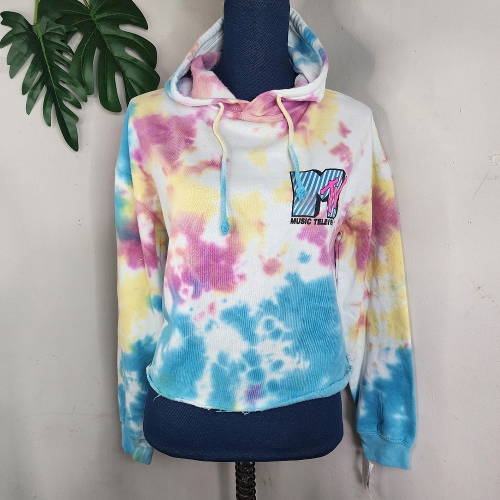 MTV Tie Dye Crop Hoodie Sweatshirt Raw Hem NWT